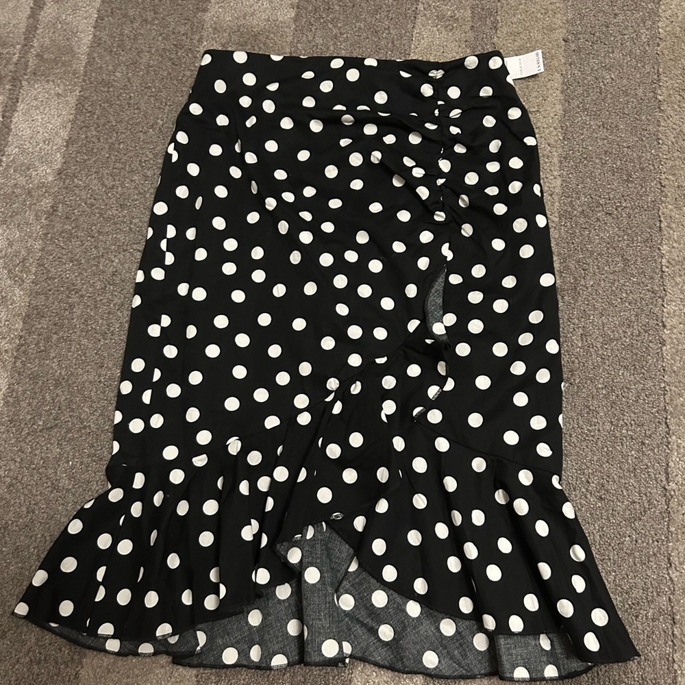 White House Black Market Black and White Polka Dot High-Low Ruffle Skirt